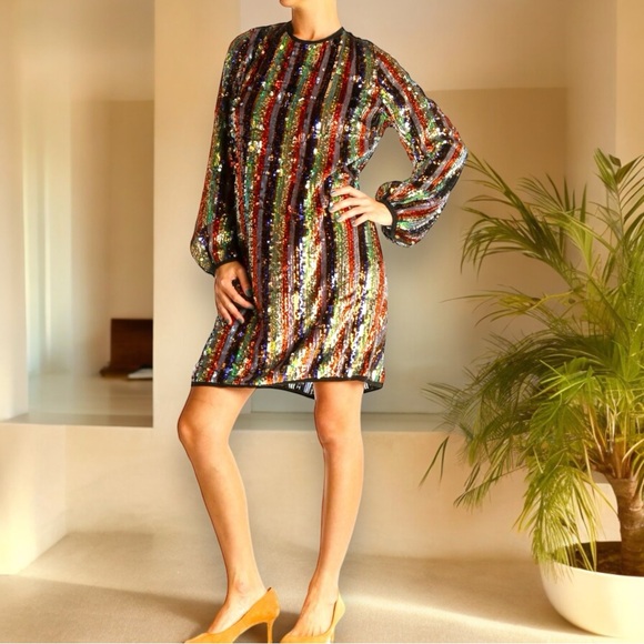 NWT EVA MENDES MULTICOLOR SEQUINED Long SLEEVE DRESS size Medium backless NY CO - Picture 2 of 15